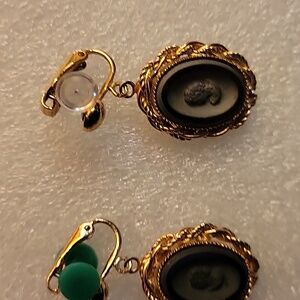 Elegant Vintage Gold Tone and Black Cameo Earrings